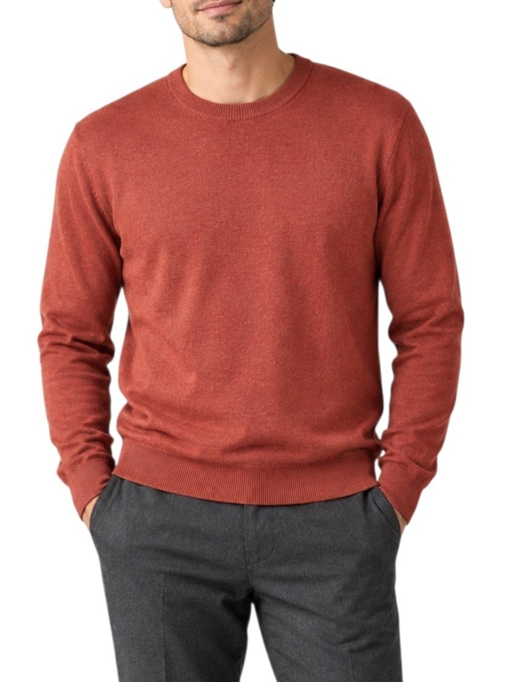 Saks Fifth Avenue Men's Sweater Med Rust Orange Cotton Cashmere Blend Crewneck